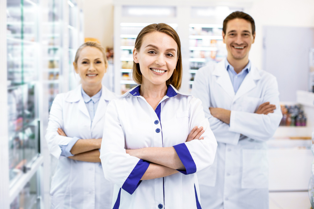 une secrétaire pharmaceutique et un pharmacien discutant