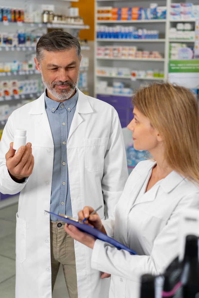 une discussion entre un pharmacien et une secrétaire
