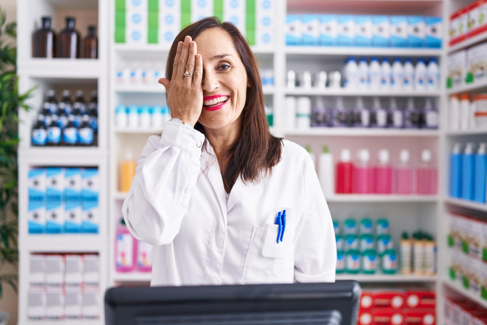 une secrétaire pharmaceutique se cachant un oeil
