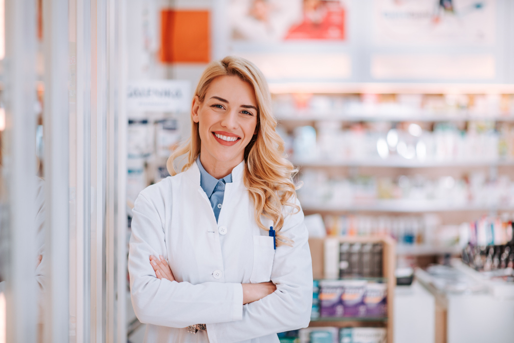 une secrétaire pharmaceutique en blouse souriante